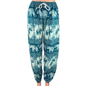 Advance Green Floral Elephant Tribal Thai Drawstring Harem Jogger Pants Size S